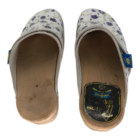 Across Floral Print Leather Swedish Wooden Clogs - Picture 8 of 12